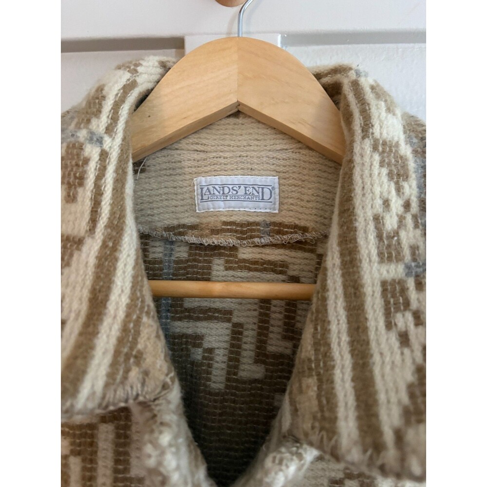 VTG Lands End Wool Coat Blend Aztec Print Jacket Beige Tan Southwest Geometric - Picture 2 of 16